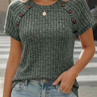 Womens Ribbed Crew-neck Button-panel Short-sleeve Top