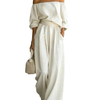Casual Two-Piece Womens Outfit Off-Shoulder Top And Wide-Leg Pants Set