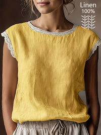 Loose Solid-Color Crew-Neck Lace Sleeveless Cotton-Linen Shirt