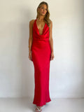 Hanging Neck Solid Color Slim Fit Dress Mid Length Dress