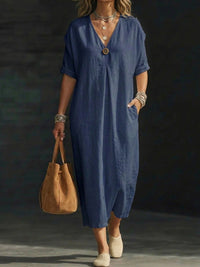 Women's V-neck Single-button Short-sleeve Dress