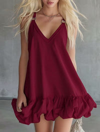 Womens Solid Color V-Neck Ruffled Mini Skirt