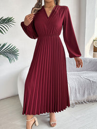 Women's Elegant Triple V Neck Long Sleeve Tie Waist Pleated Maxi Dress