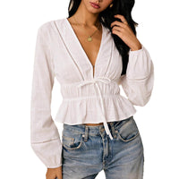 Women's Long-sleeved Bohemian Style Deep V-neck Ruffle Blouse