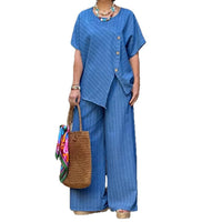 Striped Short-sleeve Shirt And Loose-fitting Pants Two-piece Set