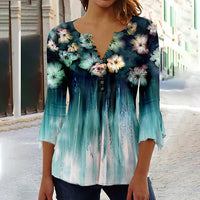 Women's Floral Printed 34 Sleeves V-neck Buttons Shirt