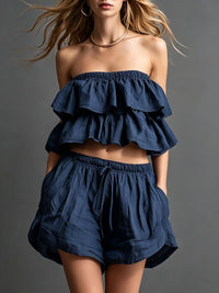 Womens Cotton-Linen Ruffle-Trimmed Strapless Shorts Set