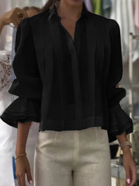 Pleated Solid Color Stitching Short Sleeve Shirt