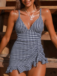 Black-and-white Plaid Ruffled Hem Halter-style Bottomed One-piece Swimsuit