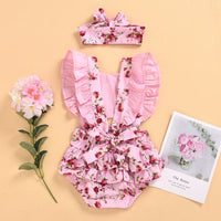 Season Girls' Printed One-piece Romper Headscarf Two-piece Set