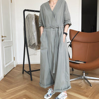 New Style V-neck Jumpsuit High Waist Wide-leg Tie Wide Loose Thin Casual Trousers Women