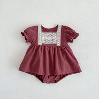 Infants And Children Baby Girls Lace Bubble Short-sleeved Jumpsuit