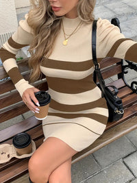 Casual Waist-Cinched Slim-Fit Two-Tone Striped Contrast-Color Sweater Dress For Women
