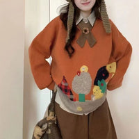 Cartoon Loose Orange Round Neck Long Sleeve Sweater