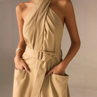 Elegant French-style Lace-up Dress With A Vacation Vibe