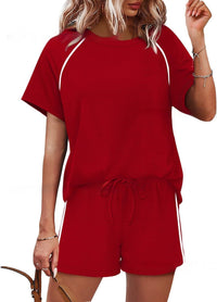 Womens Round-Neck Short-Sleeve Casual Shorts Two-Piece Set
