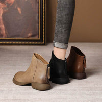 Genuine Leather Retro Western Style Short Boots Women's Autumn Back Zipper