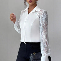 Women's Lace Solid Color Button Long Sleeve Shirt