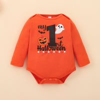 Autumn Baby Boy Orange Round Neck Long Sleeve Letter Romper Printed Black Trousers Hat Infant Children's Suit