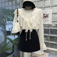 French Elegant Ruffled V-neck Long Sleeve Shirt Women