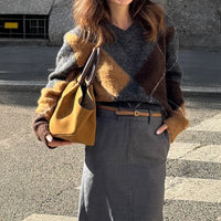 Fashionable Colorblock Long-Sleeve Knitted Sweater For Women