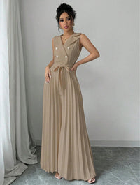 Suit Collar Bow Tie Belted Waist Pleated Jumpsuit