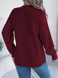 Women Casual V-Neck Lantern Sleeve Cable Knit Button Cardigan Sweater