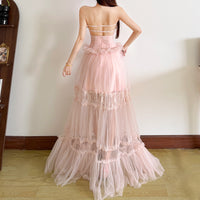 Womens Lace Jacquard Patchwork Long Halter Dress