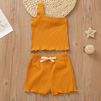 Summer Newborn Baby Cute Infant One Shoulder Solid Knit Sleeveless Vest Tops Shorts 2pcs