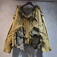 Personality Trendy Twist Weave Stitching Denim Round Neck Sweater