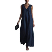 Women's Casual V-Neck Sleeveless Cotton-Linen Dress