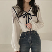 Loose Slimming Lapel Versatile Lace-up Women's Shirt