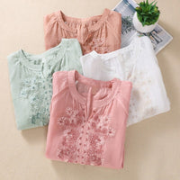 Women's Cotton And Linen Three-quarter Sleeve Embroidered Top