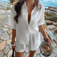 Womens Fashionable Casual Set Shirt And Shorts Two-Piece Suit