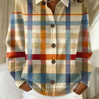 Womens Loose-Fitting Long-Sleeve Top With Colorful Big-Check Print