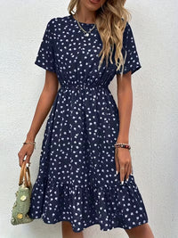 Womens Fashion Polka-Dot Crew-Neck Short-Sleeve Dress