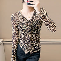 Fashionable Sheer Mesh Floral Long-Sleeve Top For Women