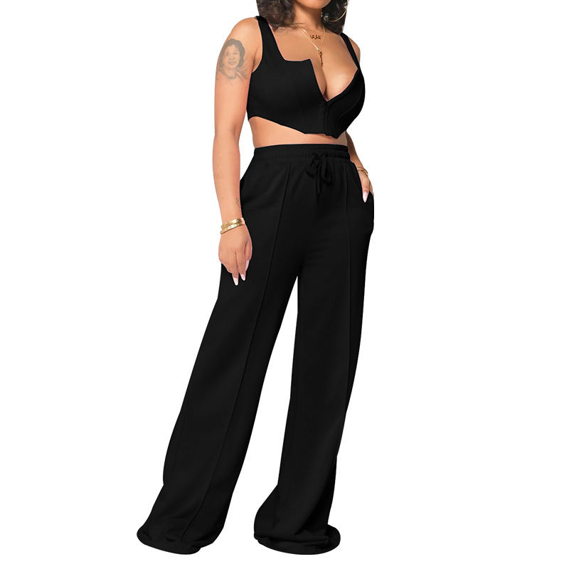 European And American Women's Clothing Solid Color Sexy Top Loose Mop Wide Leg Pants Two-piece Set