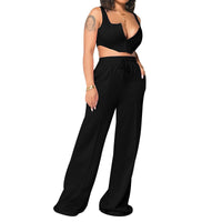 European And American Women's Clothing Solid Color Sexy Top Loose Mop Wide Leg Pants Two-piece Set