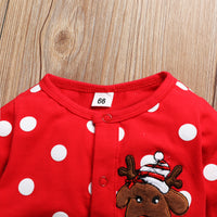 Cotton Polka Dot One-Piece Romper With Buttoned Round Neck Embroidered Deer Head One-piece