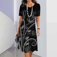Artistic Floral-print Short-sleeve Outfit Elegant Loose-fitting Dress