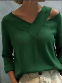 Elegant Off-the-shoulder V-neck Solid-color Long-sleeve Top