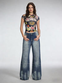 Printed Vintage Loose Wide-Leg Womens Jeans