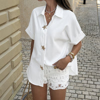 French Casual Solid-color Lapel Short-sleeve Shirt Top