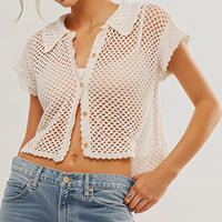 Knitted Cardigan Resort Style With A Turn-down Collar And Short Sleeves