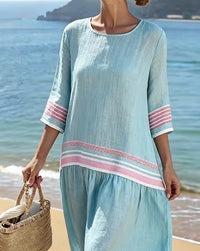 Women'S Casual Color-Block Cotton And Linen Dress