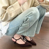 2026 Spring Summer New T-Strap Leopard Print Pointed Toe Slim Heel Mid Heel Closed Toe Sandals, Thin Strap Backless High Heels For Women