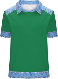 Denim Patchwork Crew Neck Short-sleeve Loose Casual Everyday Versatile