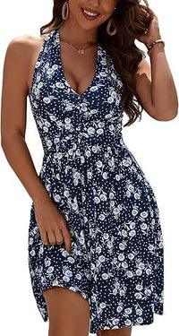 V-Neck Lace-Up Printed Pleated Pocket Dress For Women