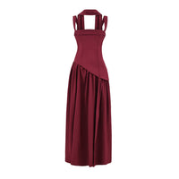 Flowing Ribbon-Trimmed High-Slit Waist-Cinching Lace-Up Maxi Dress